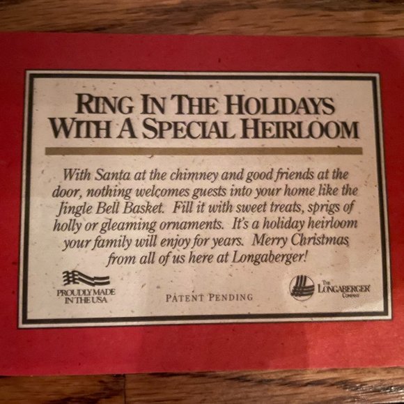 1994 Longaberger Jingle Bell Basket with original pamphets, liner and protector - Picture 12 of 13